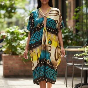 MKM Designs Teal, Yellow, Black & Cream Printed Kaftan Dress